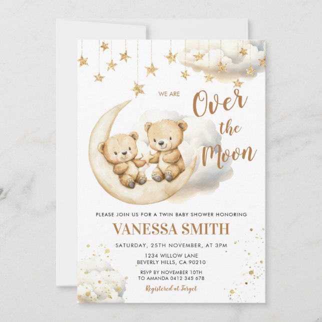 Invitación Over The Moon Twin Baby Shower Invitation (Anverso)