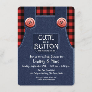 Invitación Overalls and Flannel Cute as a Button Baby Shower