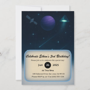 Invitación OVNI de cono azul y cumpleaños del espacio planeta