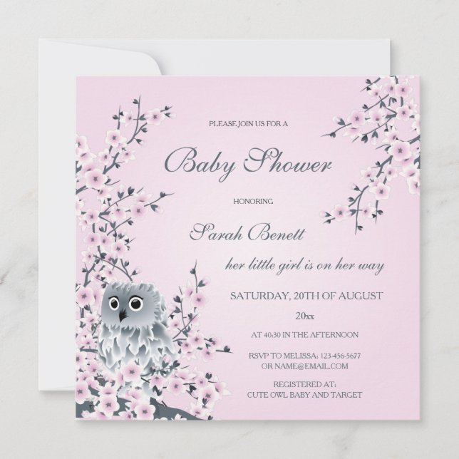 Invitación Owl And Cherry Blossoms Baby Shower (Anverso)