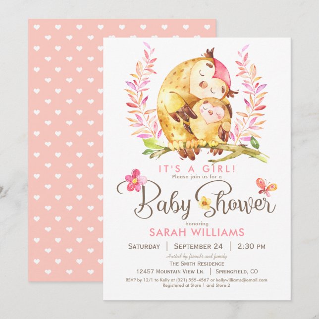 Invitación Owl Baby Shower, Chica (Anverso / Reverso)