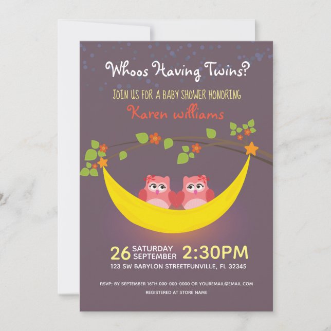 Invitación Owl Baby Shower - ¿Mira quién tiene Chicas gemelos (Anverso)