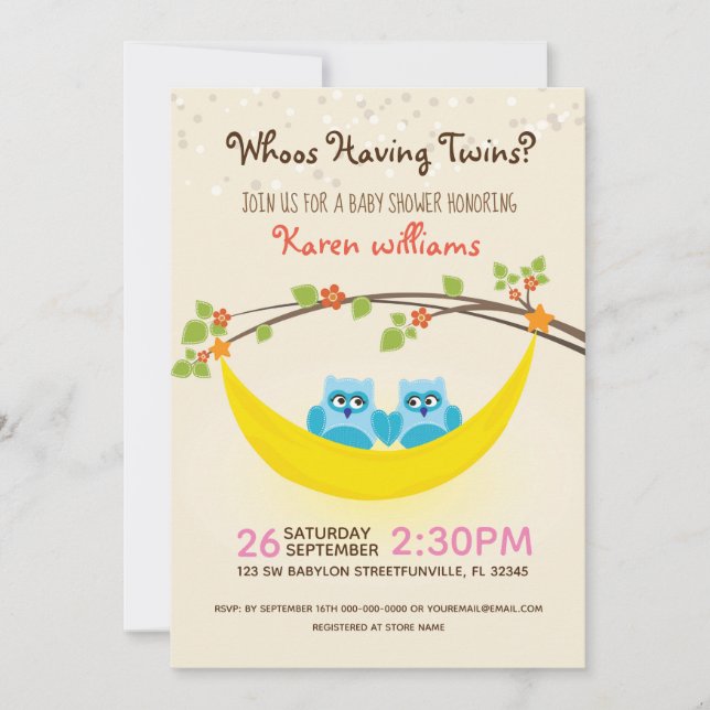 Invitación Owl Baby Shower - ¿Mira quién tiene gemelos? (Anverso)