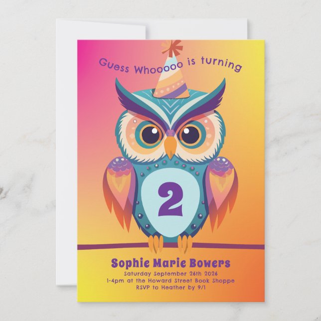 Invitación Owl Birthday Party Kids Bold (Anverso)
