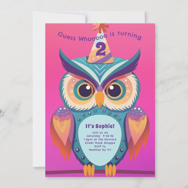 Invitación Owl Birthday Party Kids Bold (Anverso)
