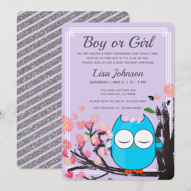 Invitación Owl Blossom Purple Purpurinas Stripes Baby Shower (Anverso / Reverso)