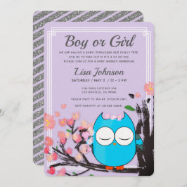 Invitación Owl Blossom Purple Purpurinas Stripes Baby Shower
