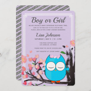 Invitación Owl Blossom Purple Purpurinas Stripes Baby Shower