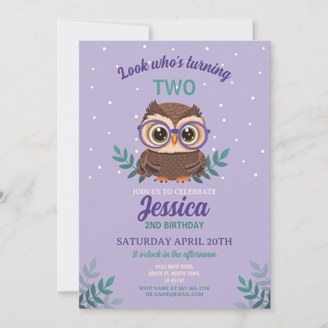 Invitación Owl Chicas de cumpleaños Hoot Glasses Purple (Anverso)
