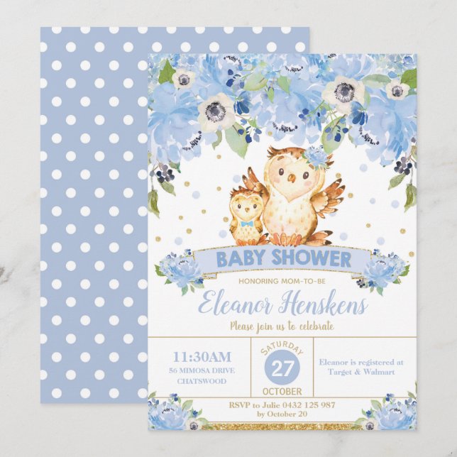 Invitación Owl Floral Baby Shower Blue Flowers Baby Boy (Anverso / Reverso)