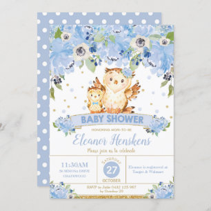 Invitación Owl Floral Baby Shower Blue Flowers Baby Boy