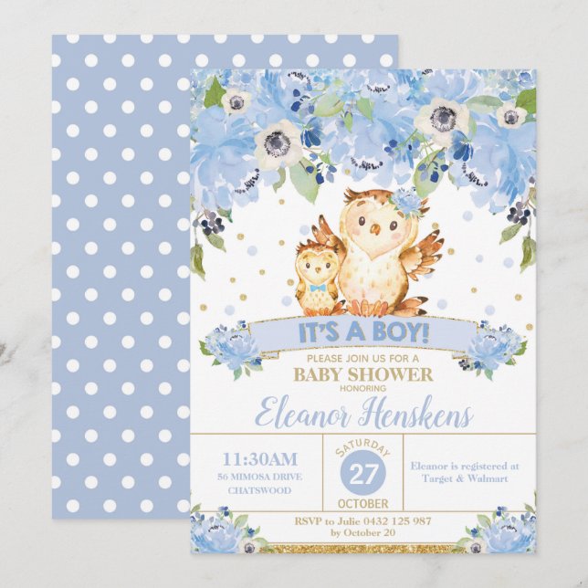 Invitación Owl Floral Baby Shower Blue Flowers Baby Boy (Anverso / Reverso)