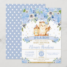 Owl Floral Baby Shower Blue Flowers Baby Boy