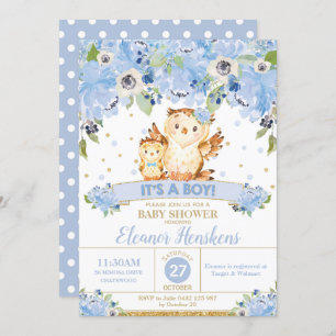 Invitación Owl Floral Baby Shower Blue Flowers Baby Boy