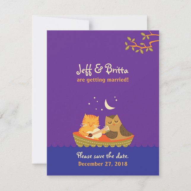Invitación Owl & Pussycat Guardar la fecha (púrpura y azul) (Anverso)
