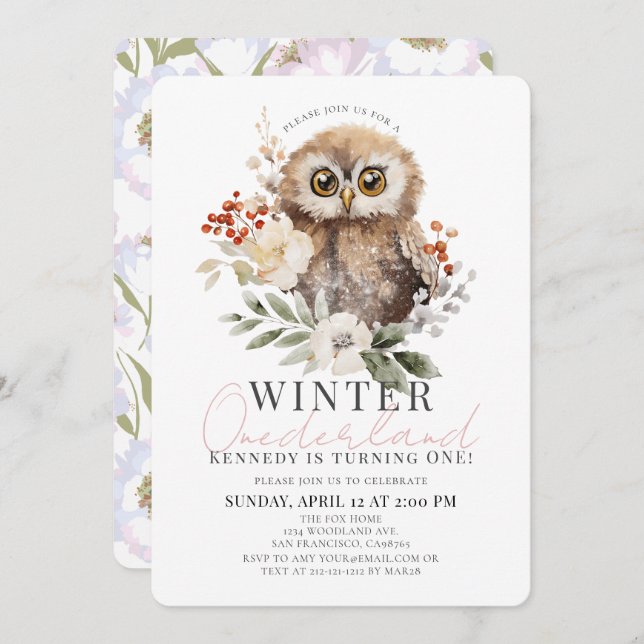Invitación Owl Winter Onederland Chica primer cumpleaños (Anverso / Reverso)