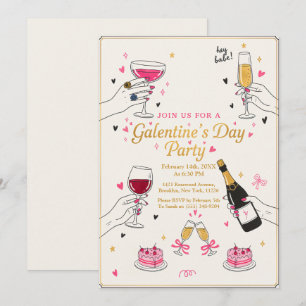 Invitación Oye Nena Fiesta de Galentines Vino Pastel