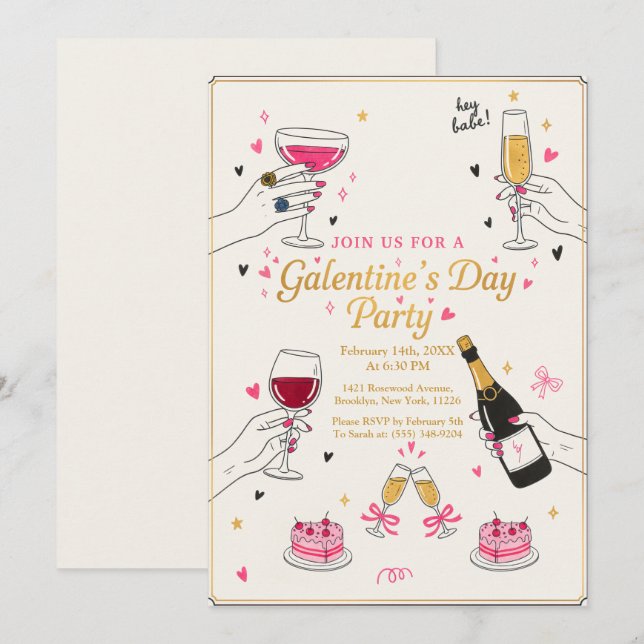 Invitación Oye Nena Fiesta de Galentines Vino Pastel (Anverso / Reverso)