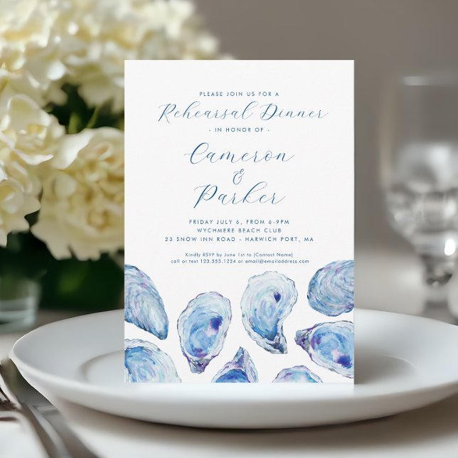 Invitación Oyster Boda ensayo Blue Watercolor (Oyster Rehearsal Dinner Invitation with elegant blue watercoor oyster shells from Concertina Press)