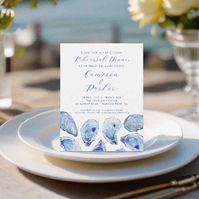 Invitación Oyster Casual Boda ensayo Blue Watercolor (Oyster Casual Wedding Rehearsal Dinner Invitation in elegant blue watercolor from Concertina Press)