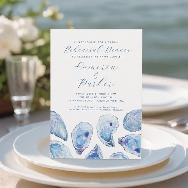 Invitación Oyster Casual Boda ensayo Blue Watercolor (Oyster Casual Rehearsal Dinner Invitation with blue watercolor oyster shells from Concertina Press)