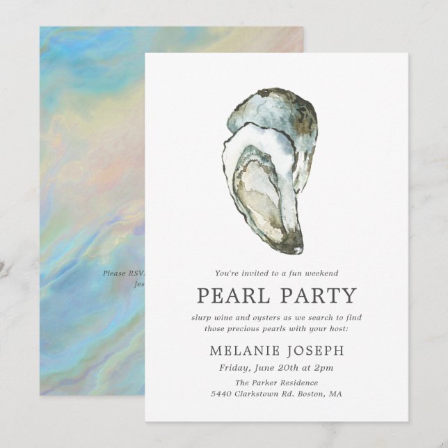 Invitación Oyster Pearl Party | Estilo Ópalo (Anverso / Reverso)