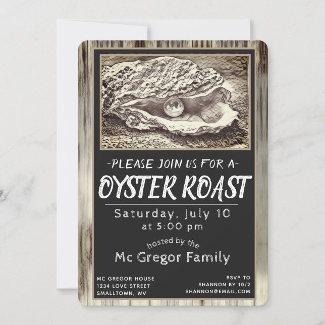 Invitación Oyster Roast Todo Uso Negro y Blanco (Anverso)