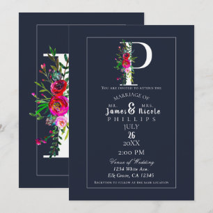 Invitación P Monograma Inicial Final Moderna Floral Azul Boda