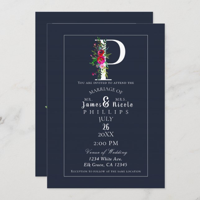 Invitación P Monograma Último Boda floral azul moderno inicia (Anverso / Reverso)