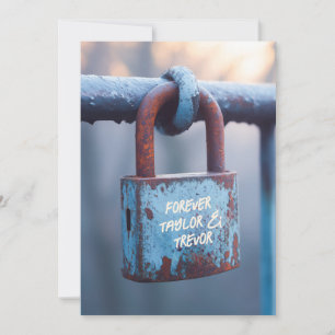 Invitación Padlock de amor agotado en la reja rusty