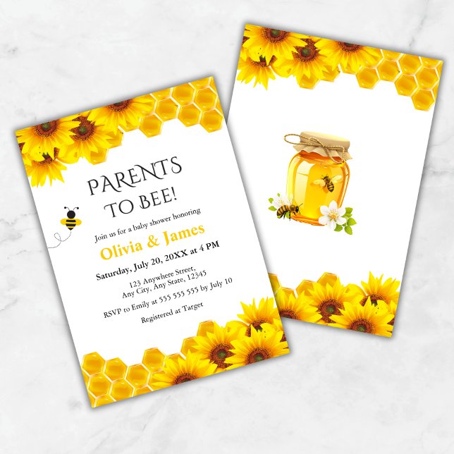 Invitación Padres de abejas amarillas florales en Baby Shower (Yellow Floral Honeycomb Parents to Bee Baby Shower Invitation )