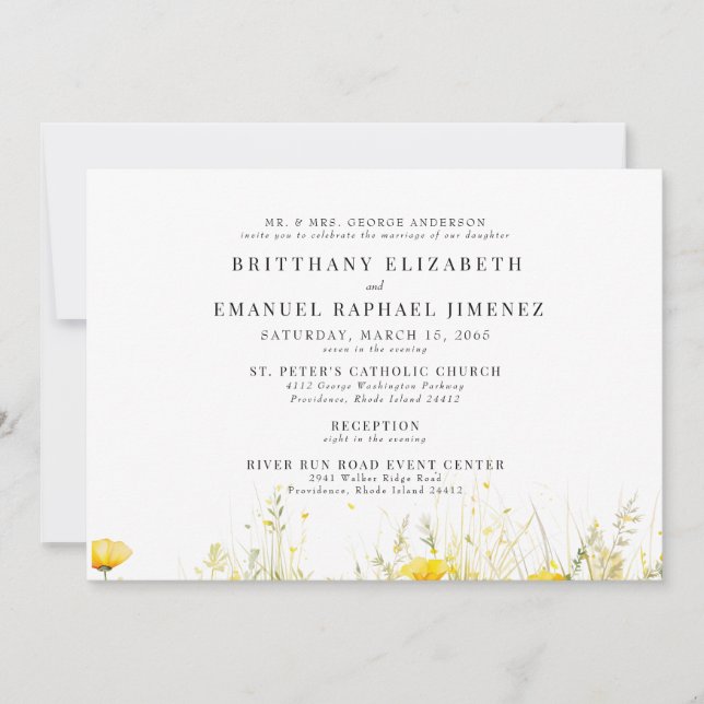 Invitación Padres de Novia de Flor Silvestre Amarilla 2 Bodas (Anverso)