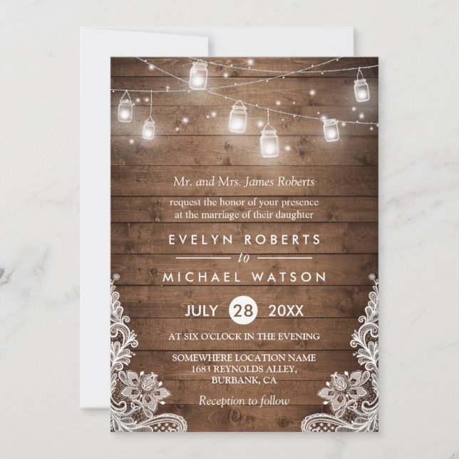 Invitación (Padres de Novia) Mason Jars Lights Lace Boda (Anverso)