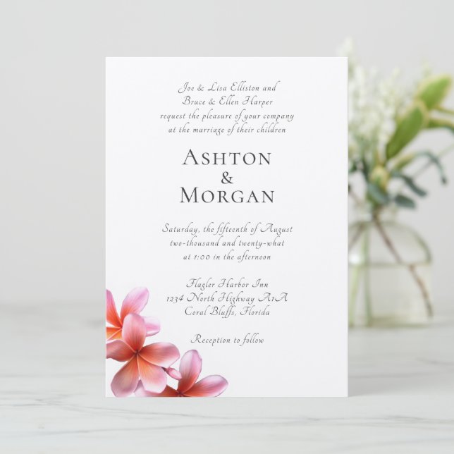 Invitación Padres nombran Boda frangipani rosado (Anverso de pie)