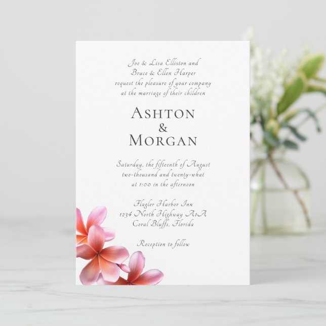 Invitación Padres nombran Boda frangipani rosado (Anverso de pie)