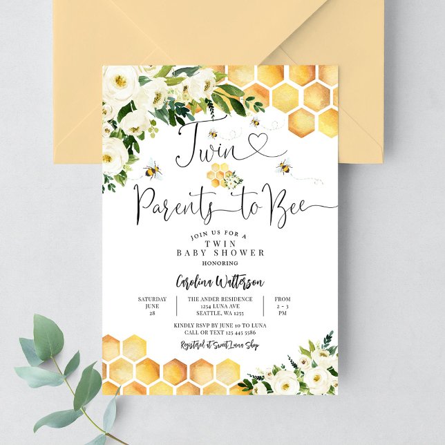 Invitación Padres Twin Bee para ducha de bebé abeja neutral e (Subido por el creador)