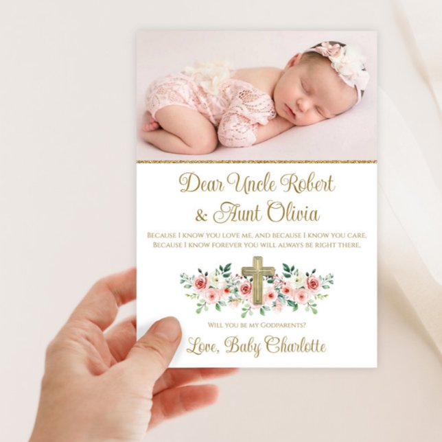 Invitación Padrino de niña de cruz floral acuarela (Sweet pink and gold photo baby girl Godparent invitation. Simply add your photo and details.)