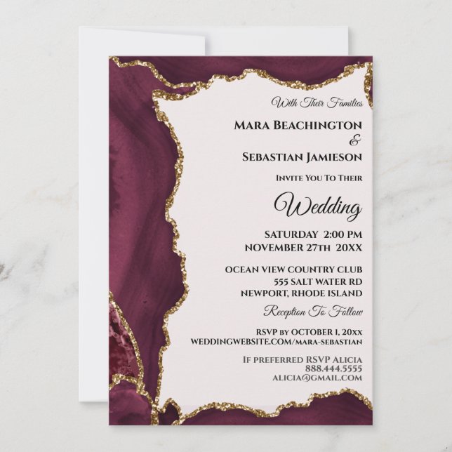 Invitación *~* Página web de RSVP Maroon AGATE Gold AR13 Boda (Anverso)