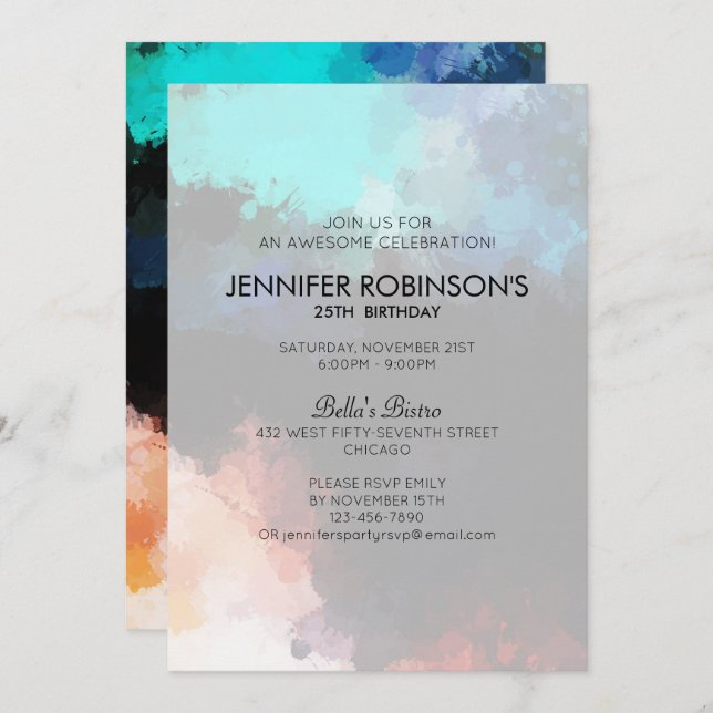 Invitación Paint Abstract moderno salpica fiesta de cumpleaño (Anverso / Reverso)