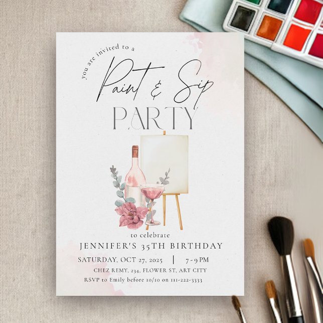 Invitación Paint and Sip Adulto Wine Art Party (Paint and Sip Adult Wine Art Birthday Party Invitation)