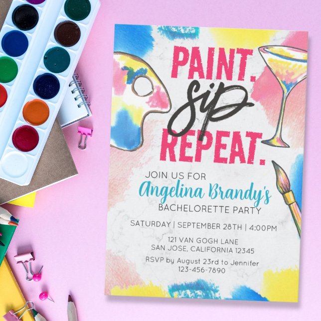 Invitación Paint and Sip Bachelorette Wine Fiesta Marble (Subido por el creador)