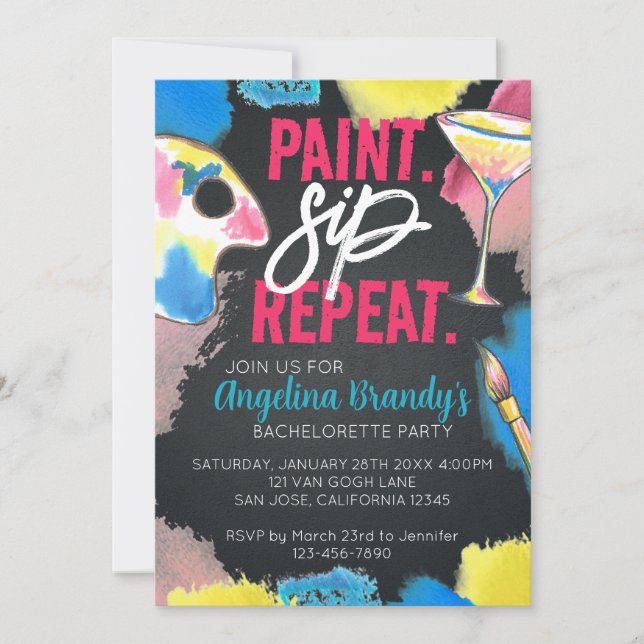 Invitación Paint and Sip Chalkboard Bachelorette Art Fiesta (Anverso)