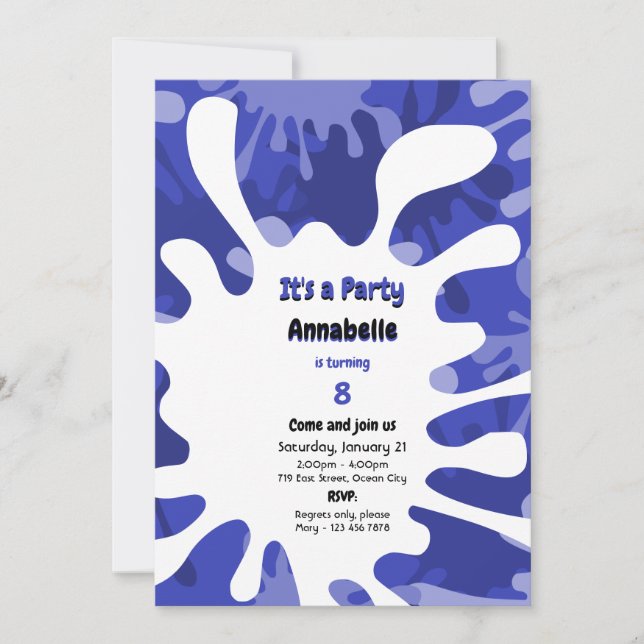 Invitación Paint Drops It's A Fiesta Blue Art Party (La pintu (Anverso)