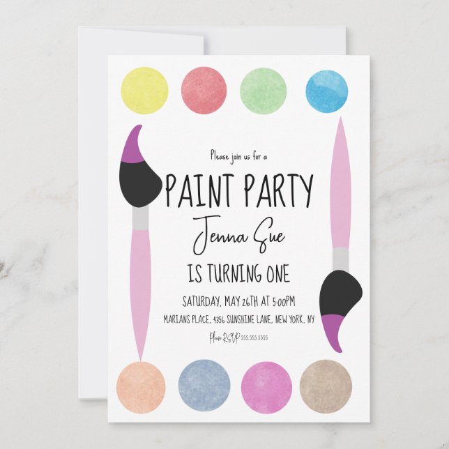 Invitación Paint Fiesta Watercolor Palette First Birday (Anverso)
