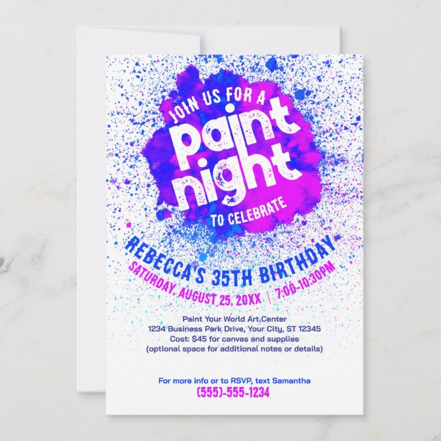 Invitación Paint Night Birthday Invite - Azul (Anverso)
