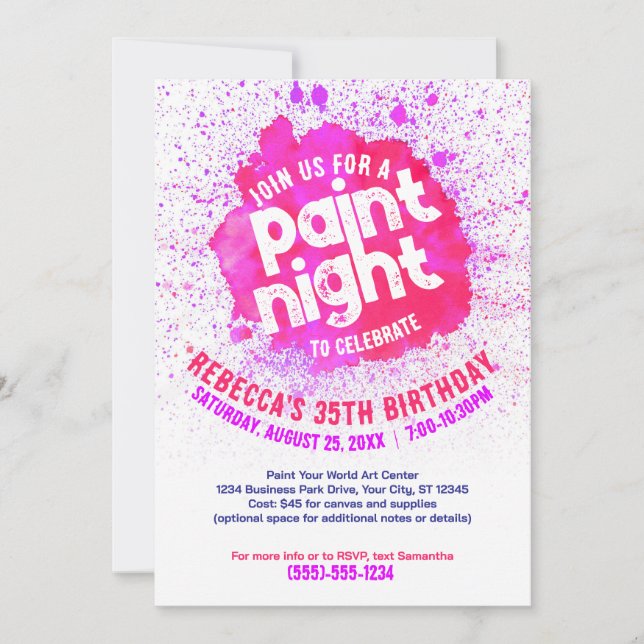 Invitación Paint Night Birthday Invite - Hot Pink (Anverso)