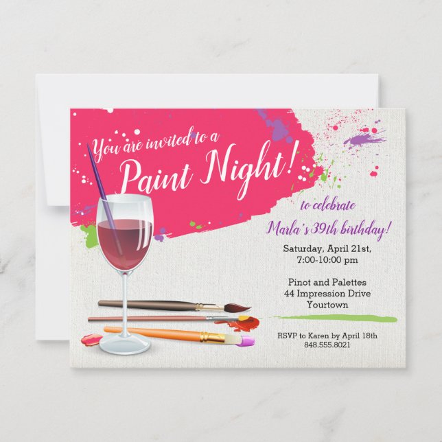 Invitación Paint Night, Paint and Sip Wine Glass Canvas Fiest (Anverso)
