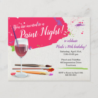 Invitación Paint Night, Paint and Sip Wine Glass Canvas Fiest