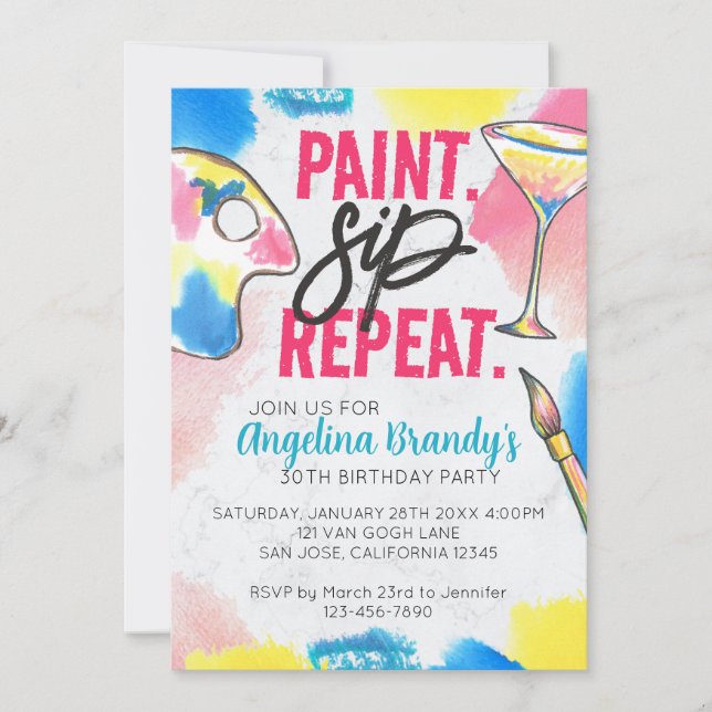 Invitación Paint & Sip 30 cumpleaños Fiesta Marble (Anverso)