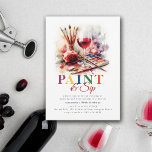 Invitación Paint & Sip Wine Art Painting Fiesta 50 cumpleaños<br><div class="desc">Una elegante y moderna pintura y sorbo de 50 cumpleaños, plantilla de invitación a las mujeres con doble temática: el vino y el arte, con un ilustracion acuarela de una copa de vino entre una parafernalia de pinceles y otros suministros. Un elegante arte, pintura y sorbo invitan a una mujer...</div>